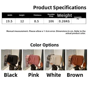 Detailed dimensions and color options for stylish PU leather camera bag with wide strap