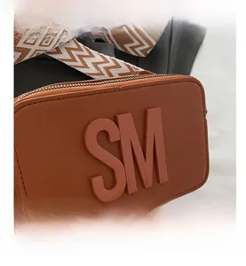 Detail of caramel camera bag showing leather texture, 3D logo, and wide geometric strap