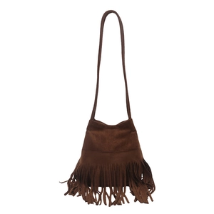 Sac seau vintage marron foncé à franges en daim avec une longue bandoulière souple