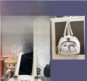 Detail of cute white canvas bag with transparent window for plush toys and bear embroidery