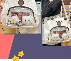 Detail of white PU cartoon bag with a transparent display window and cute bear design