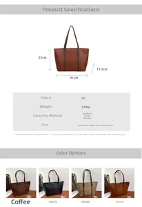 Detailed size chart and color options for the large brown PU leather tote handbag