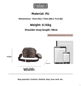 Size guide for the leopard print square bag showing dimensions 19x15x7cm and PU material