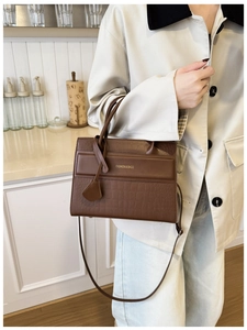Detail view of the brown crocodile pattern texture and gold brand lettering on the bag