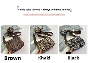 Three leopard print crossbody bags in brown, khaki, and black with matching round pouches