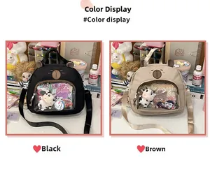Detail view of cute Ita Bag showing clear display windows in black and brown colors