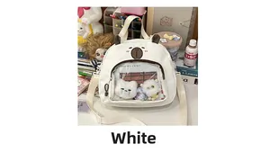 Detailed view of white bear canvas bag featuring transparent PVC pocket and embroidery