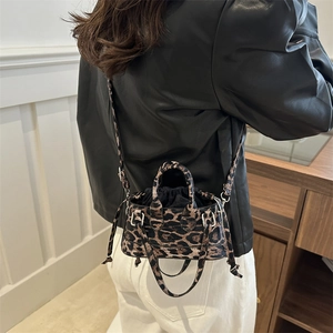 French leopard print small square handbag with crossbody strap and drawstring interior