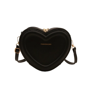 Fashionable black heart-shaped crossbody bag with gold lettering and adjustable strap