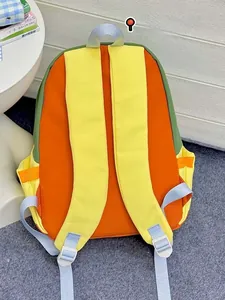 Detailed back view of a color-block canvas backpack with orange, yellow, and green panels