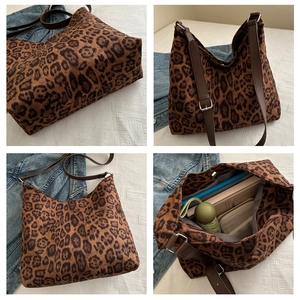 Detailed views of leopard print tote bag with large capacity and adjustable leather strap