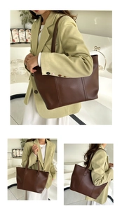 Detail shots of a large brown tote bag with sleek stitching and matte PU leather texture
