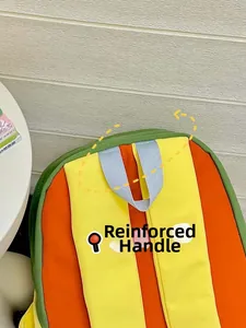 Detail showing reinforced gray webbing handle on a colorful patchwork canvas backpack