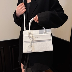 Chic white croc-embossed square handbag for women with dual top handles and long shoulder strap