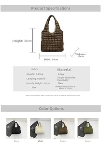 Detailed size chart for the quilted cloud tote bag showing dimensions and four colors