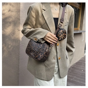 Leopard print crossbody bag set with mini coin purse on strap and gold hardware accents