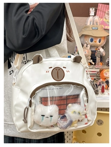 Detailed view of white cartoon bear shoulder bag with transparent PVC display pocket