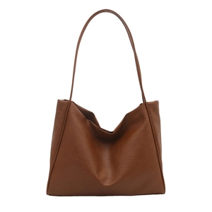 Brown large capacity leather tote bag with lychee texture and thin shoulder strap for women