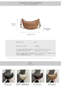 Detailed size chart and multi-color options for the minimalist PU crescent crossbody bag
