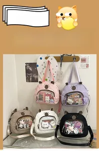 Detail of cute bear cartoon ita bag with transparent window and colorful shoulder straps