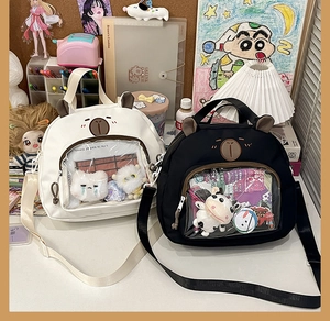 Close-up of cute cartoon bear messenger bags with transparent windows on a desk