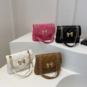 Korean Fashion Bowknot Quilted Chain Shoulder Bag For Women PU Leather Rhombic Pattern Crossbody Small Square Handbag