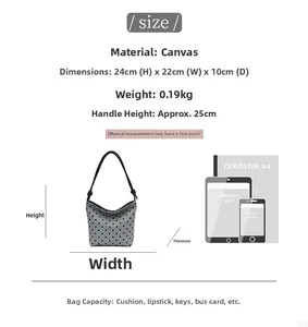 Detailed size chart for polka dot canvas tote showing dimensions and capacity references