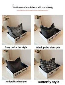 Collage of four stylish canvas tote bags with polka dots and checkered patterns