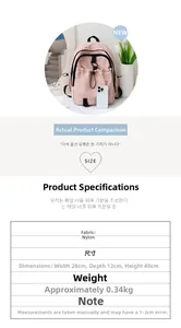 Detailed size chart showing pink nylon school backpack dimensions 40x28x12cm and material