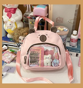 Pink cartoon ITA bag with clear PVC window and bear ears for student badges display