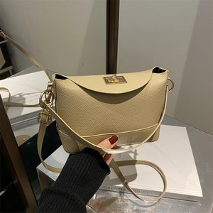 Sac seau chic beige en cuir à motif litchi avec fermoir tournant en métal doré