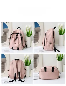 Pink nylon backpack for students shown from front, side, back and bottom angles