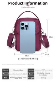 Vertical purple oxford fabric phone bag showing 15x19x10cm dimensions and phone size comparison