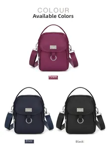 Vertical nylon crossbody phone bags in purple, blue, and black with metal logo detail