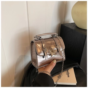 Close-up of metallic leather finish with silver chain and star ornament on small square bag
