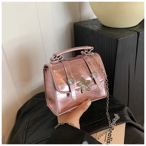 Detail of metallic purple crossbody bag featuring star buckle and silver chain strap