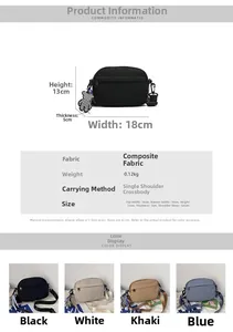 Detailed size chart for nylon crossbody bag with dimensions and technical specifications