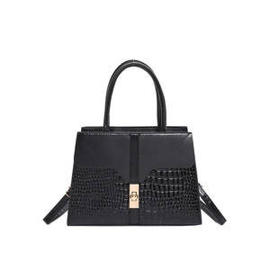 Classic black crocodile pattern handbag with metal buckle and circular top handle