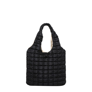 Chic black quilted puff hobo bag with padded texture and stylish off-white lining