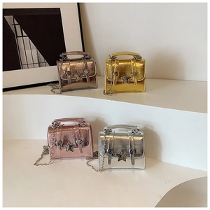 Metallic Mirror Small Square Bag For Women Star Buckle Chain Shoulder Crossbody Bag Glossy Synthetic Leather Handbag