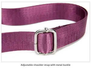 Detail of adjustable metal buckle on purple shoulder strap for women's crossbody bag