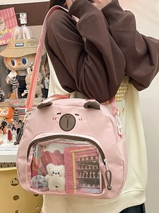 Pink cartoon bear canvas ita bag with clear display window and adjustable strap