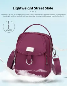 Macro shot of durable oxford fabric texture and silver metal hardware on purple crossbody bag