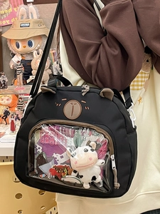 Fashionable black cartoon bear ita bag with transparent PVC display pocket for school girls