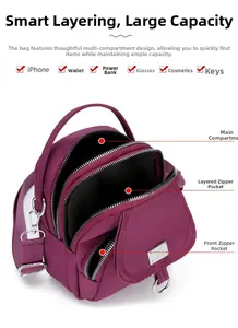 Detail view of purple nylon crossbody bag with three functional zipper compartments