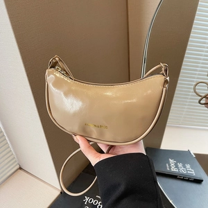 Chic khaki half-moon shoulder bag in glossy synthetic leather for daily commute