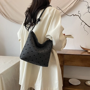 Deep grey polka dot canvas tote bag with bow embroidery for women casual fashion