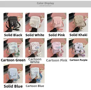 Detailed color palette of canvas crossbody bags featuring solid tones and cartoon prints