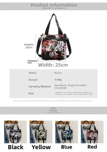 Size chart and specifications for large capacity nylon tote bag with color contrast