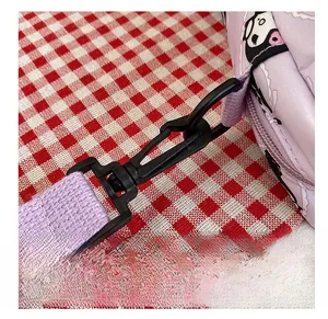 Detail of sturdy black hardware hook and purple strap on Kuromi style shoulder bag